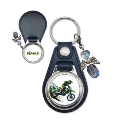Metall Kunstleder Schlüsselanhänger mit Name und Motocross Motiv | abnehmbarer Schutzengel in 3 Farben zu