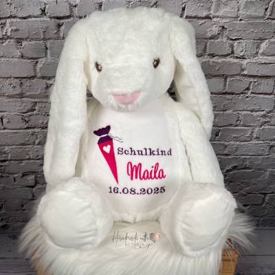 Kuscheltier Hase personalisiert I Schulkind Geschenkidee I Stofftier Häschen mit Namen bestickt I Einschulung Geschenk 