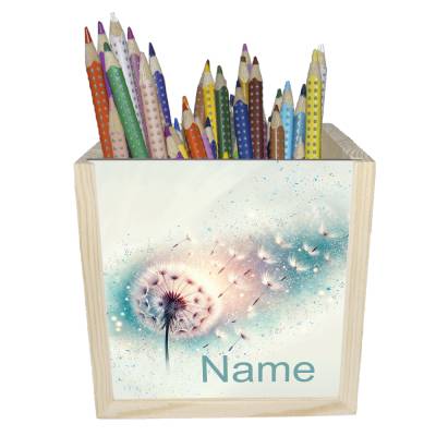 Pusteblume Holz Stiftebox personalisiert z. B. mit Name und Schriftartwahl | 10x10x10cm | Stiftehalter