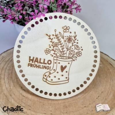 Holzboden zum Behäkeln „Hallo Frühling“ – Runde Holzplatte mit Gravur für DIY-Körbchen und Frühlingsdeko