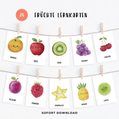 Lernkarten Obst Früchte – Montessori Flashkarten, Obstsorten lernen, Einkaufskarten, digital & zum Ausdrucken