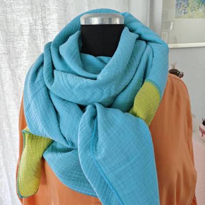 Musselin Tuch Halstuch Colour Block aqua & hellgrün – 130x130 cm, 100% Baumwolle