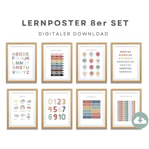 Poster SET für Kinderzimmer als Download, ABC-, Zahlen-, Wetter-, Gefühle-,Farben-,Monate-, Wochentage Lernposter