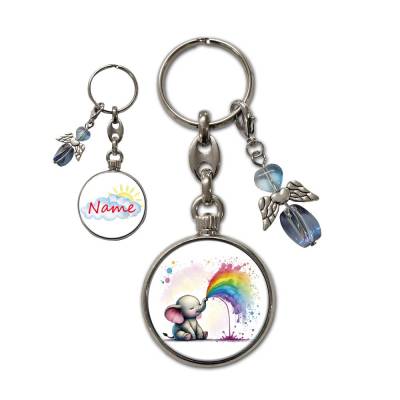 Metall Schlüsselanhänger mit Name und Elefant Motiv | abnehmbarer Schutzengel in 3 Farben zur Auswahl
