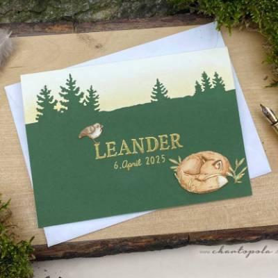 Babykarte "Waldfreunde" – Handgemachte Geburtskarte, personalisierbar mit liebevollen Aquarellmotiven