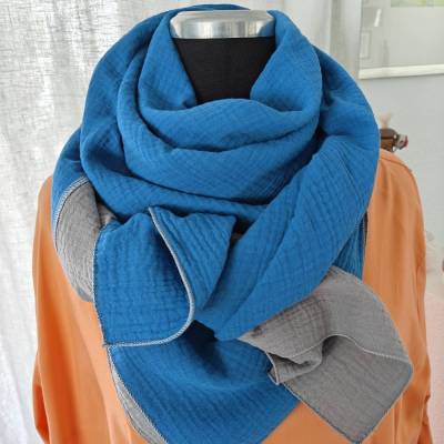 Musselin Tuch Halstuch Colour Block blau-grau – weiches Tuch aus Baumwolle