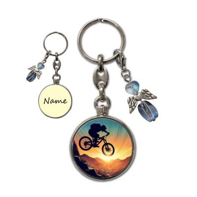 Metall Schlüsselanhänger mit Name und Fahrrad Motiv | abnehmbarer Schutzengel in 3 Farben zur Auswahl