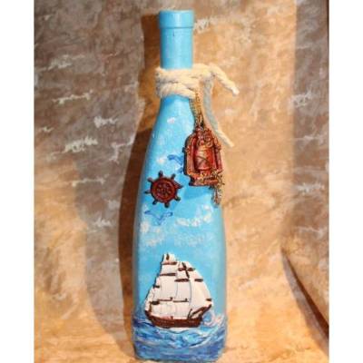 Dekoflasche SEGELSCHIFF Acrylfarben auf einer Flasche Geschenk maritime Wohndeko Upcycling Unikat 