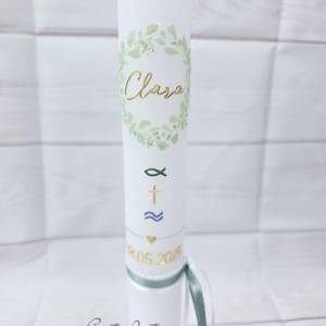 Kommunionkerze Eukalyphtuskranz mit Gold und christliche Symbole