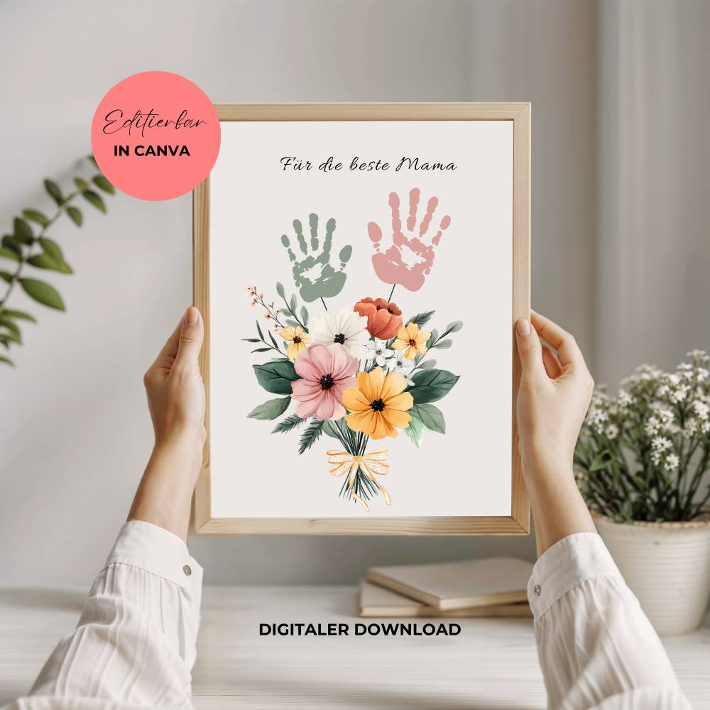 Muttertag Handabdruck Poster personalisierbar, Blumenstrauß Vorlage für 1-3 Kinderhände, Geschenk Mama, PDF Download Bild 1