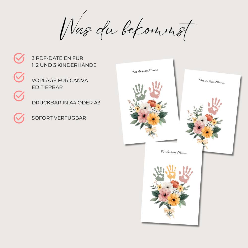 Muttertag Handabdruck Poster personalisierbar, Blumenstrauß Vorlage für 1-3 Kinderhände, Geschenk Mama, PDF Download Bild 2