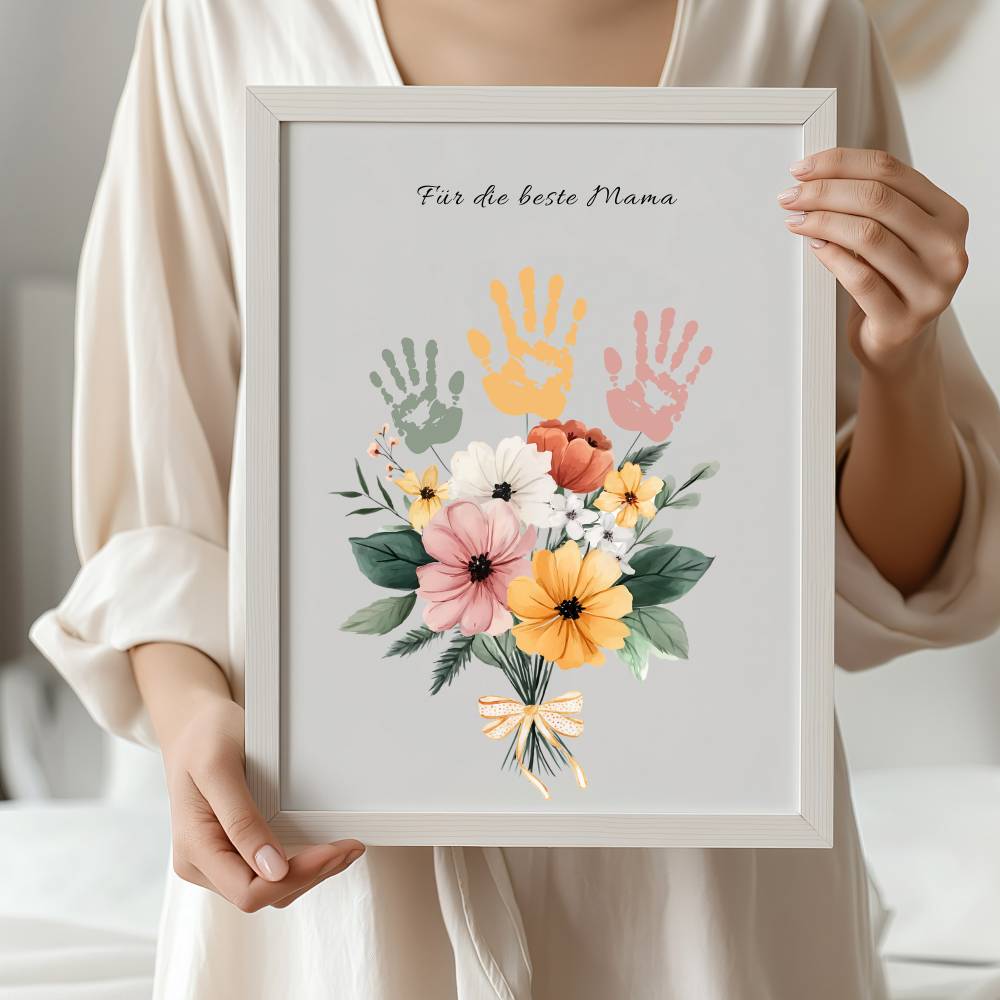 Muttertag Handabdruck Poster personalisierbar, Blumenstrauß Vorlage für 1-3 Kinderhände, Geschenk Mama, PDF Download Bild 5