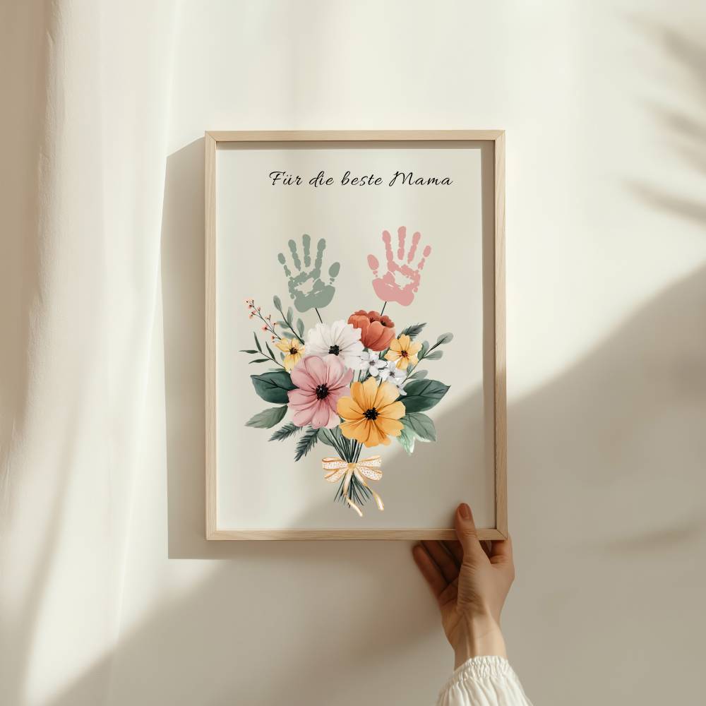 Muttertag Handabdruck Poster personalisierbar, Blumenstrauß Vorlage für 1-3 Kinderhände, Geschenk Mama, PDF Download Bild 6