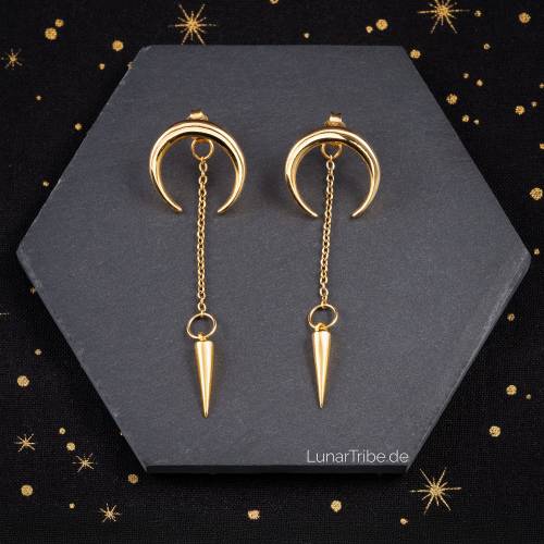Halbmond Ohrringe mit langen Ketten 24K vergoldet, goldene Mondohrringe, Dolch Ohrringe, Ketten Ohrringe, Statement Schm