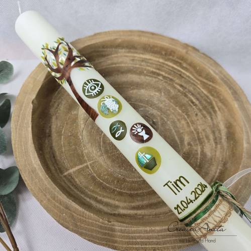 Kommunionkerze Baum in Olive-Braun mit christlichen Symbolen