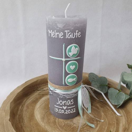 Taufkerze Rustikkerze mit/ohne Teelichteinsatz Kreuz in mint-weiß