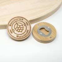 Personalisierter runder Flaschenöffner aus Bambus mit Gravur | Geschenkidee mit eigenem Spruch | Magnet