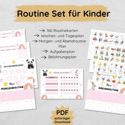 Mädchen Routine Set für Kinder mit 160 Routinekarten, Morgen- und Abendroutine Plan, Wochenplan, Belohnungsplan & mehr