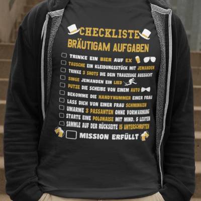 T-Shirt Herren | JGA Checkliste Bräutigam | Lustiges Abschied Shirt | personalisiert mit eigenen Aufgaben