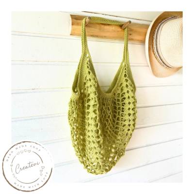 Gehäkeltes Einkaufsnetz Pistazie aus Baumwolle – Strandtasche gehäkelt, große Netztasche für Alltag, Einkauf und Strand