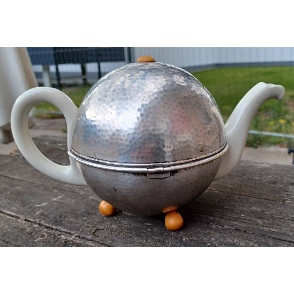 Art Deko Kugelkanne WMF 1,2 l – Hammerschlag Metall & Porzellan Bauscher Weiden – Teekanne Warmhaltekanne