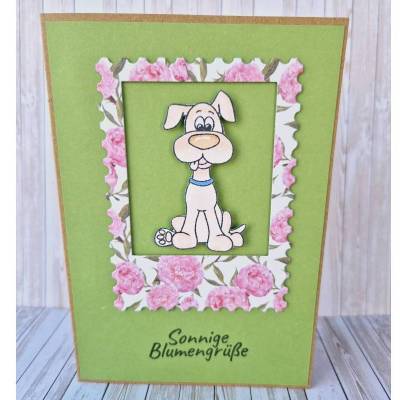 Grußkarte mit Hund und sonnige Blumengrüße – handgemachte Karte mit Umschlag & Einlegeblatt