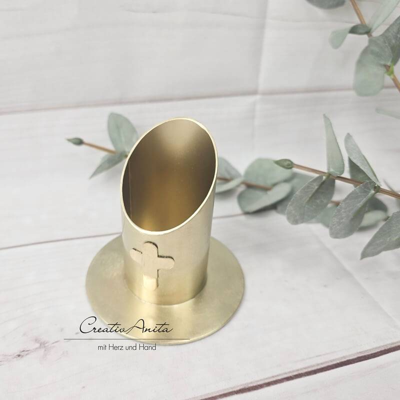 Kerzenständer mit Kreuz aus Metall in gold, 4 cm