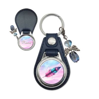 Metall Kunstleder Schlüsselanhänger mit Name und Feder Motiv | abnehmbarer Schutzengel in 3 Farben zur Ausw