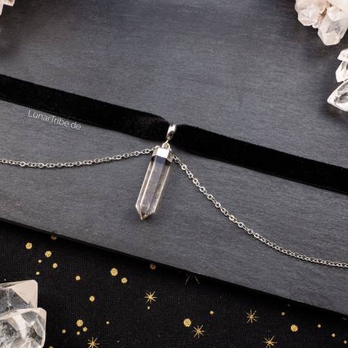 Rauchquarz Samt Choker Kette mit feinen Ketten, Choker mit Kristall Anhänger, Gothic Choker, schwarzes Samthalsband