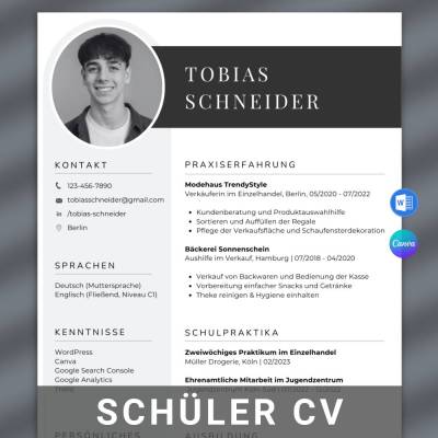 Lebenslauf Vorlage Ausbildung – Tabellarische Bewerbungsvorlage für den Ausbildungsplatz für Schüler | Word & Canva
