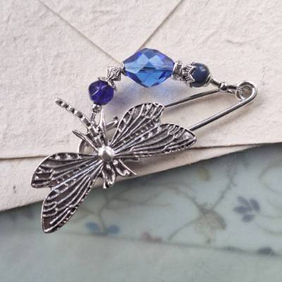 Tuchnadel blaue Libelle im Jugendstil Schalnadel Lapislazuli Brosche Silber N-7-S-10