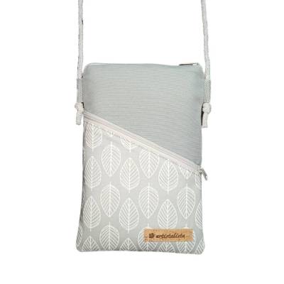 Handytasche Leaf hellgrau – kleine Umhängetasche aus Baumwolle, Retro Blattdesign, Handmade in Germany