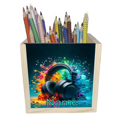 Kopfhörer Holz Stiftebox personalisiert z. B. mit Name und Schriftartwahl | 10x10x10cm | Stiftehalter