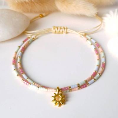 Filigranes 2-reihiges Armband aus Miyuki Perlen und kleinem Anhänger, kleine Geschenke für Frauen Freundin