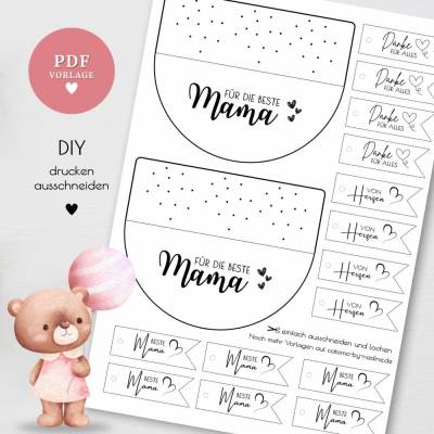 Tütenklappen PDF Datei A4 "Für die beste Mama" inkl. Geschenkanhänger | Druckvorlage