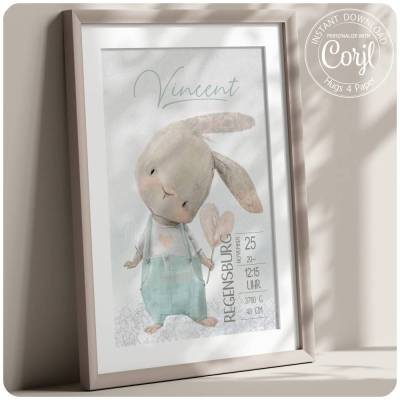Geburtsposter mit Hase MINT (Druck & editierbar) Geburtsanzeige Geschenk zur Geburt
