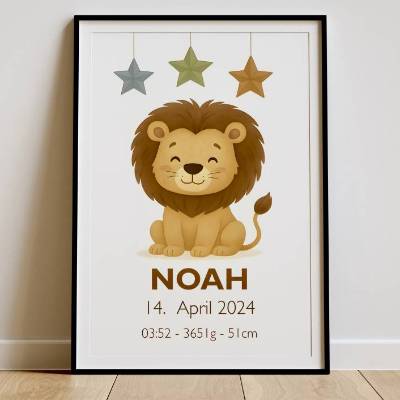 Geburtsposter mit Löwe – Personalisiertes Babybild – Tierposter zur Geburt – Name, Datum, Uhrzeit, Gewicht, Größe