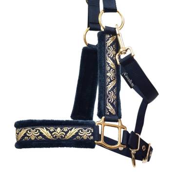 Halfter Warmblut Versailles personalisierbar Pferdehalfter Größe Warmblut blau gold
