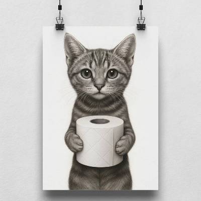 Lustiges Katzen Poster fürs Badezimmer – Süßes Katzenbild mit Klopapier – Witzige Wanddeko für Bad & Gäste-WC – Geschenk