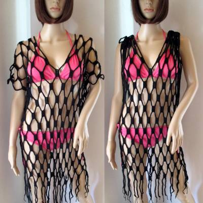 Auffälliges Strandkleid, Häkelkleid, Netzhemd, Tunika, verschiedene Tragevarianten, schwarz
