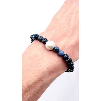 Handgefertigtes Slip-On Armband mit Dumortierit, Süßwasserperle & vergoldetem Silber