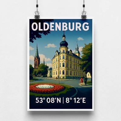 Oldenburg Poster Retro Stil – Wandbild mit Koordinaten – Vintage Stadtposter A4 A3 A2 A1 – Geschenkidee Oldenburg (Oldb)