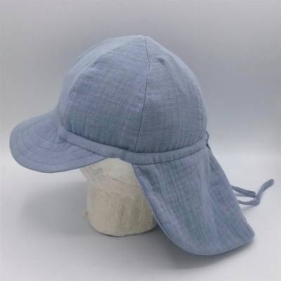 Sonnenhut Kinder, jeansblau, Musselin, mit Schirm und Nackenschutz, unisex