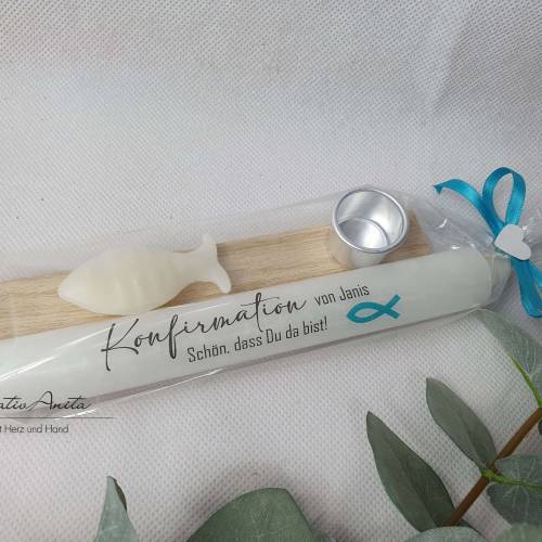 Gastgeschenk zur Kommunion - Konfirmation - Stabkerze personalisiert und Seifenfisch - TÜRKIS