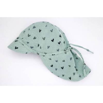 Musselin Sonnenhut Babys und Kinder mint mit Herzen  mit Schirm und Nackenschutz