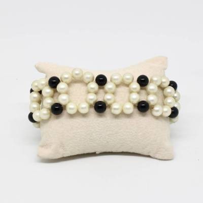 Vintage Perlenarmband und schwarze Glasperlen Handarbeit 20cm lang - Hochzeitsschmuck für Frau