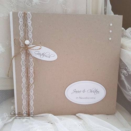 Gästebuch zur Hochzeit mit Spitzenband und Perlen - minimalistisch