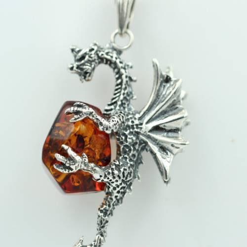 Drache mit Bernstein 925 Silber Drachenanhänger plastisch ausgeführt Top Schmuck