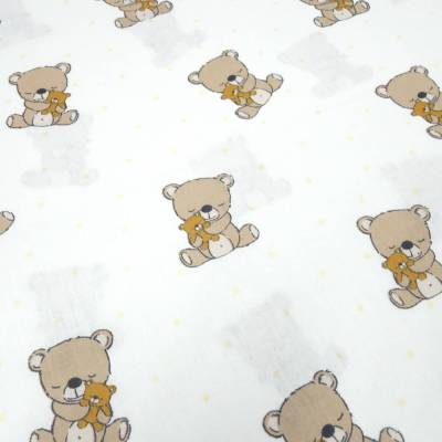 Stoff Baumwolle Popeline mit Teddy Bär Punkte Design cremeweiß braun beige bunt Kinderstoff Kleiderstoff Dekostoff