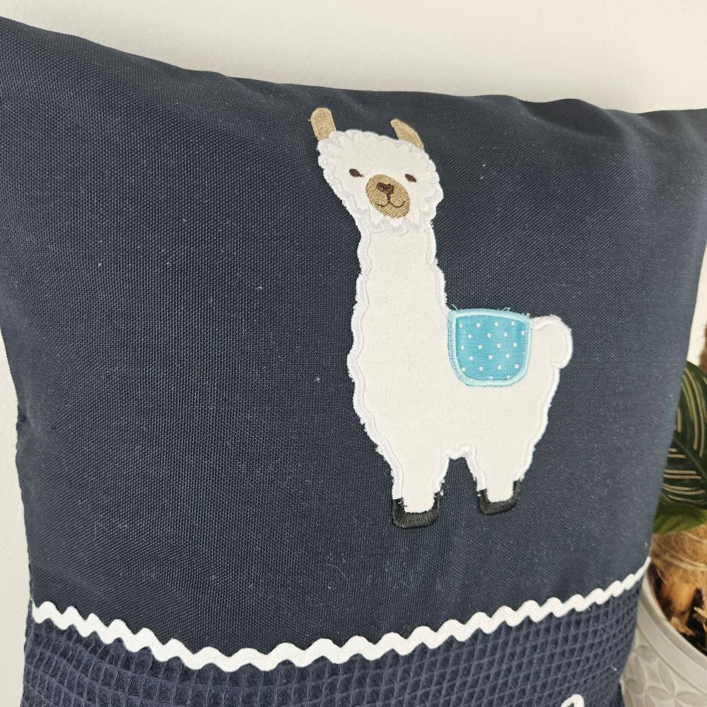 Kissenbezug mit Namen, Babykissen, Lama Deko, Kinderkissen blau, persönliches Geschenk mit Namen, Geschenkidee Geburt